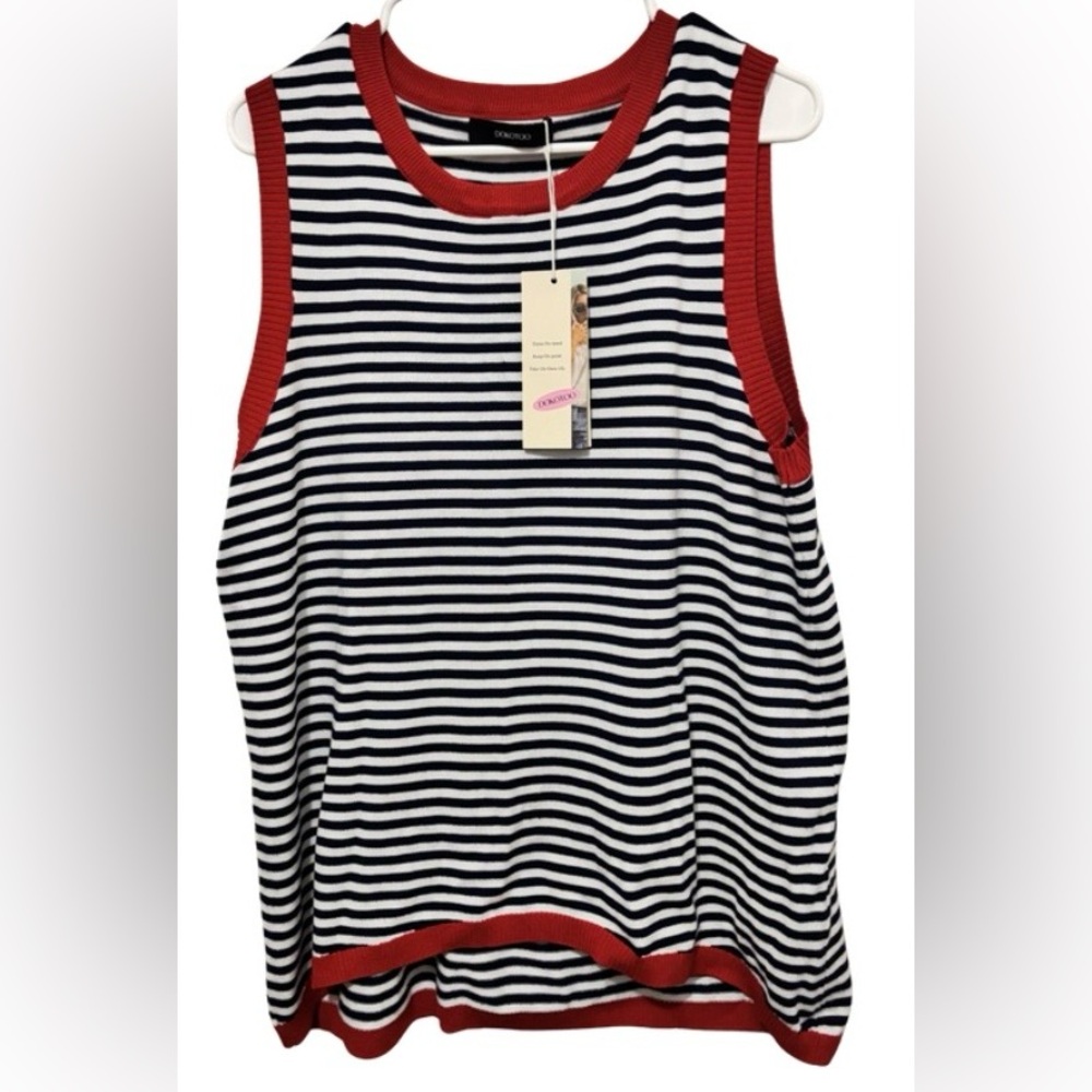 Striped Knit Tank Top with Red Trim - Sleeveless Casual Top